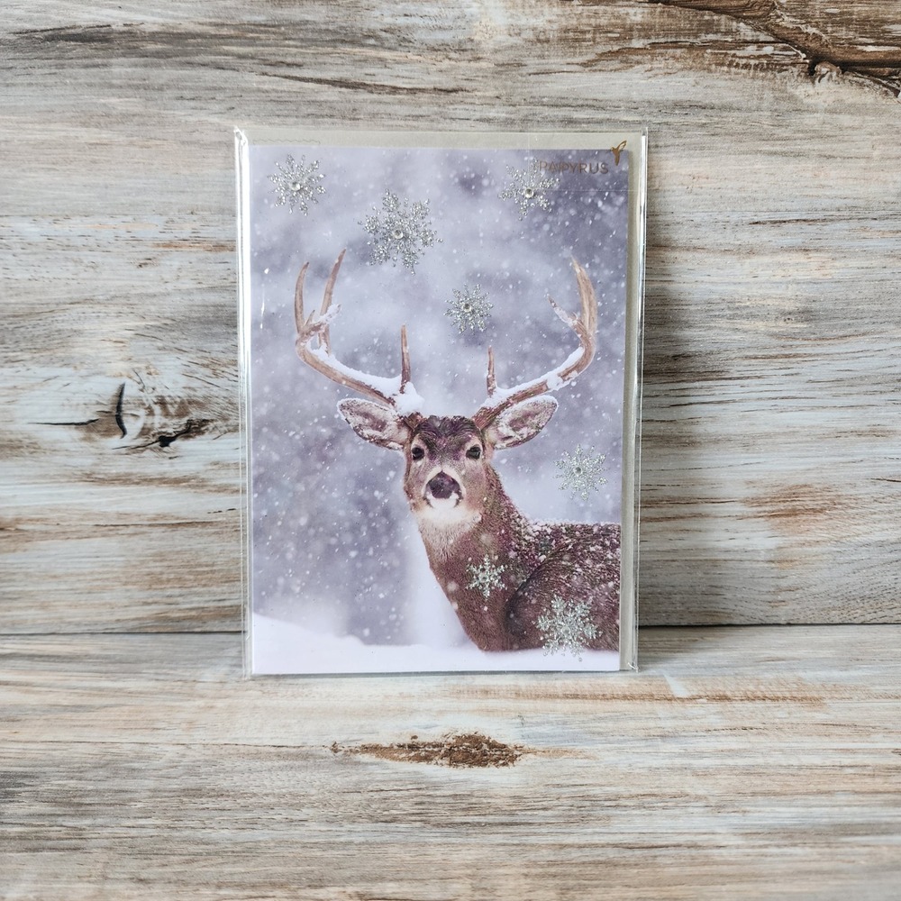 Papyrus Christmas Card Buck Deer in Snow Glitter Snowflakes 07000112 Holiday